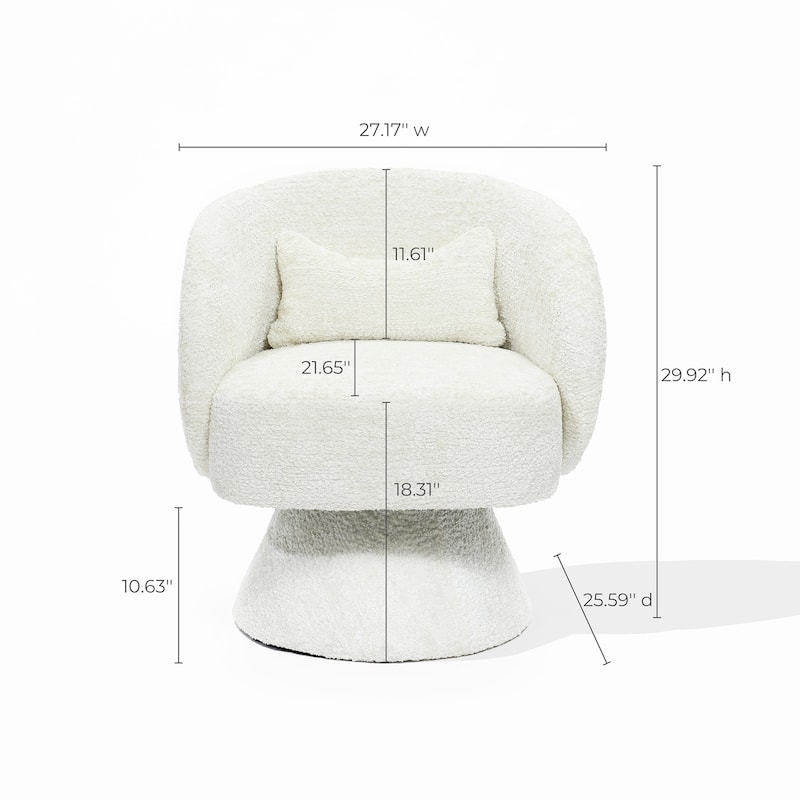 Upholstered Cream Cashmere Club Swivel Chair with Upholstered Cream Wood Base and Pillow - 29.92" H x 27.17" W x 25.59" D