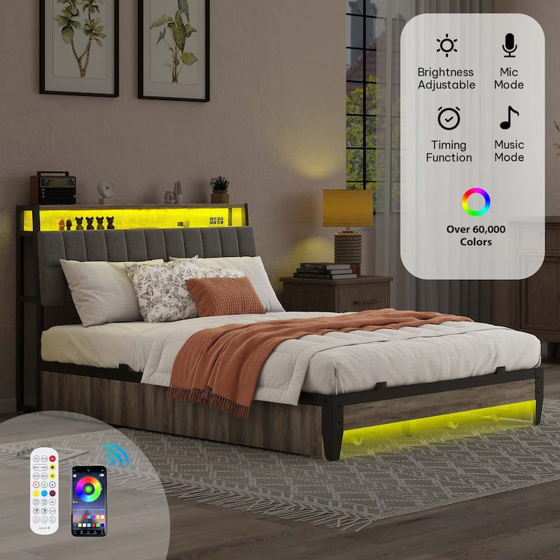 Moasis Rustic Grey Storage Platform Bed Frame with Storage Headboard with Power Outlets and 4 Drawers