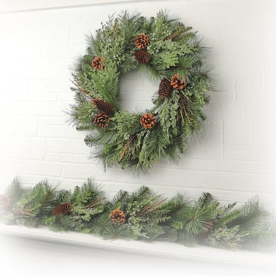 24" Juniper Berry/Pine/Cones Wreath - Green Brown - 24-Inch