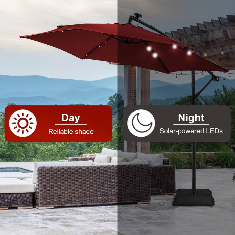 Ainfox 10 ft. Patio Offset Solar LED Umbrellas Cantilever Outside Umbrellas with Base