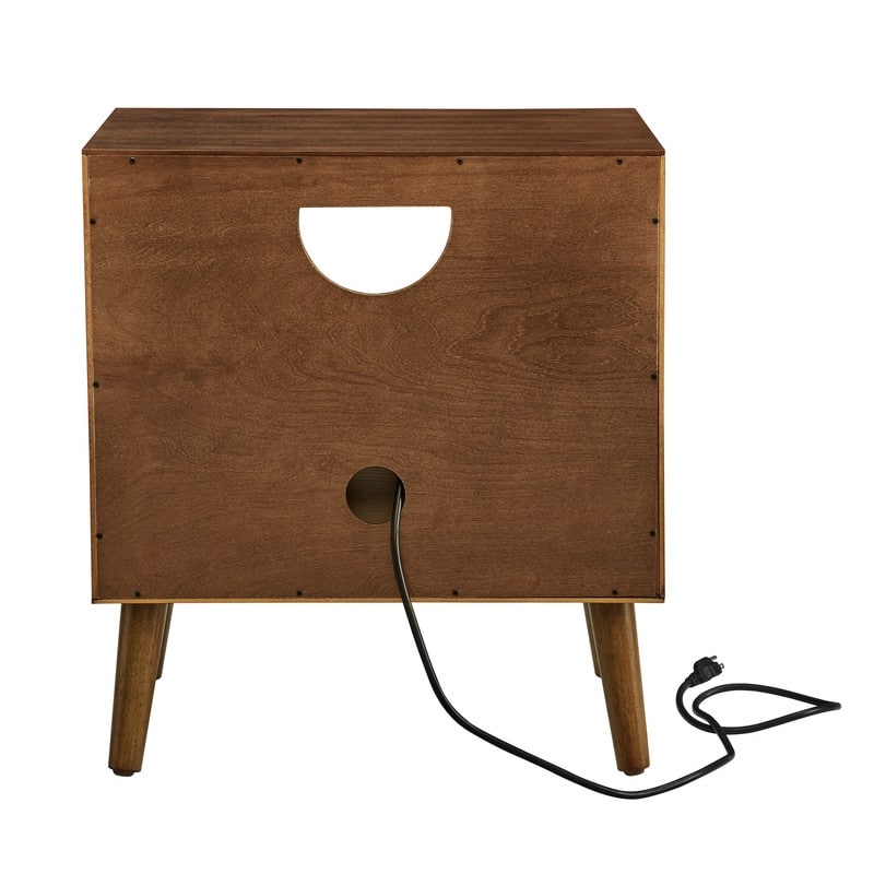 Walnut Mid-Century Modern Nightstand with USB Charging, Drawer & Open Shelf