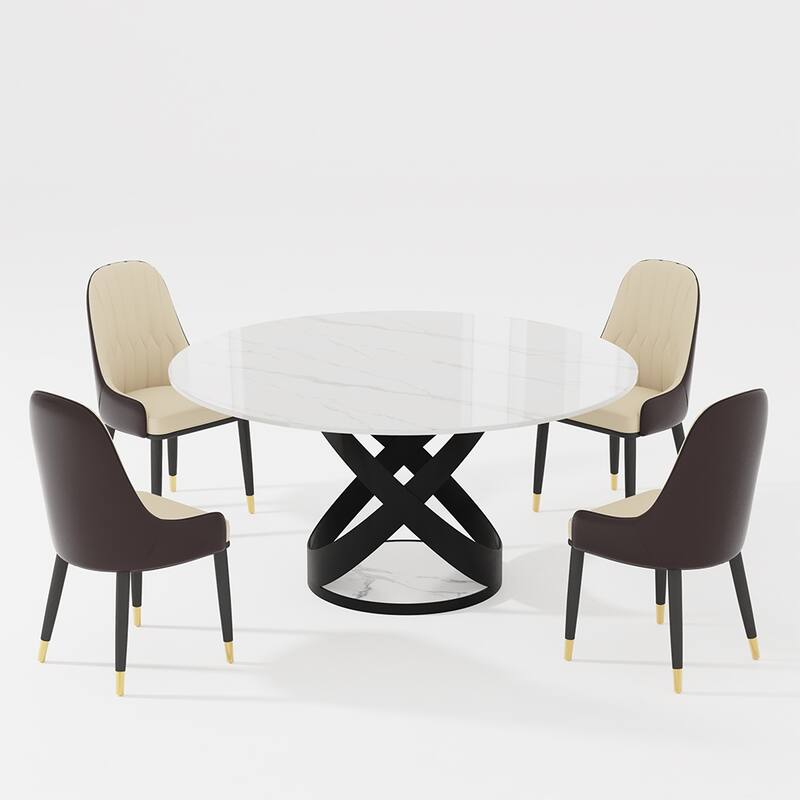 Modern Dining Table Sets, Round Glossy Sintered Stone Dining Table with Dining Chairs