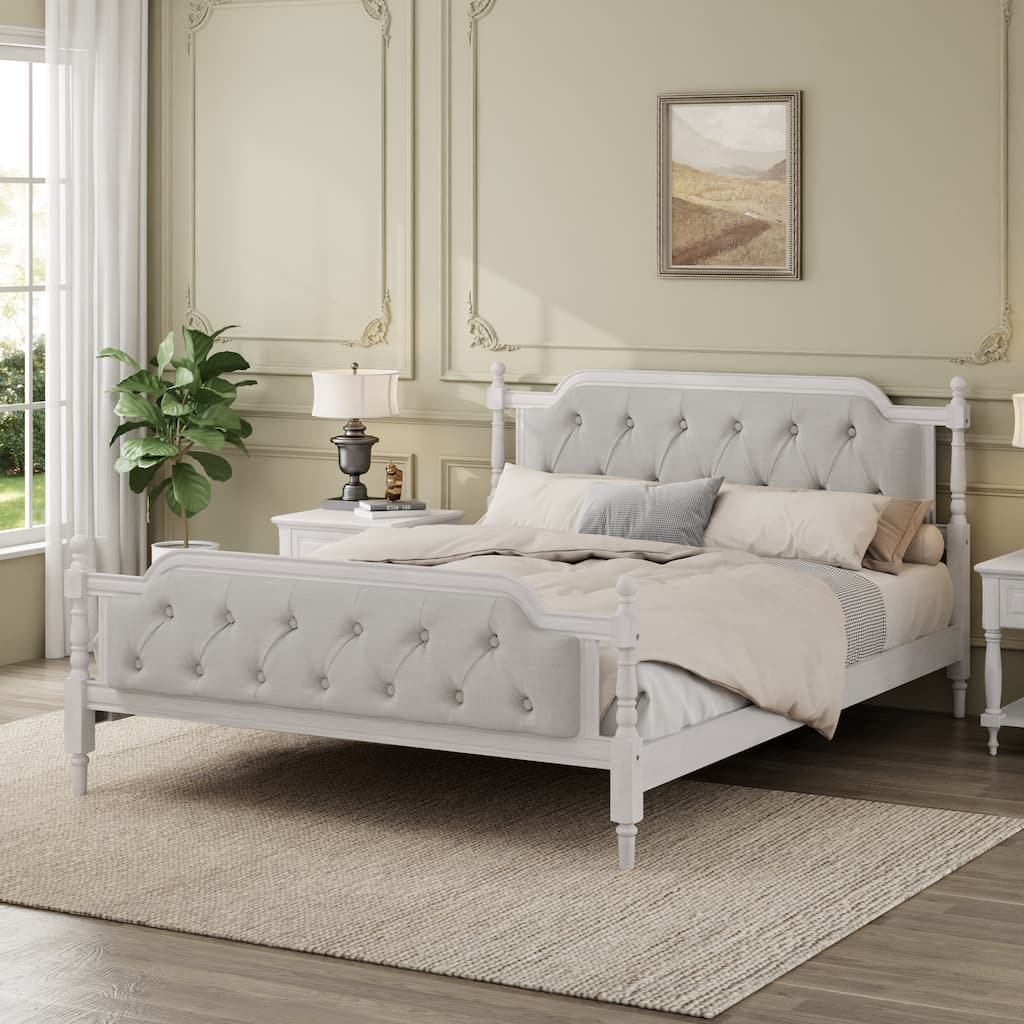 King Size Solid Wood Bed Frame with Tufted Headboard, No Box Spring Needed, Antique White