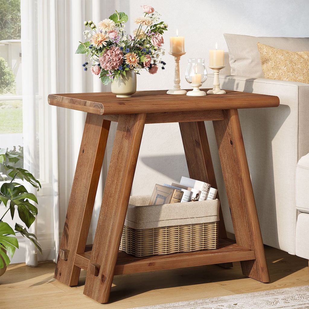 23.6-inch Tall Solid Wood End Table with Storage Shelf