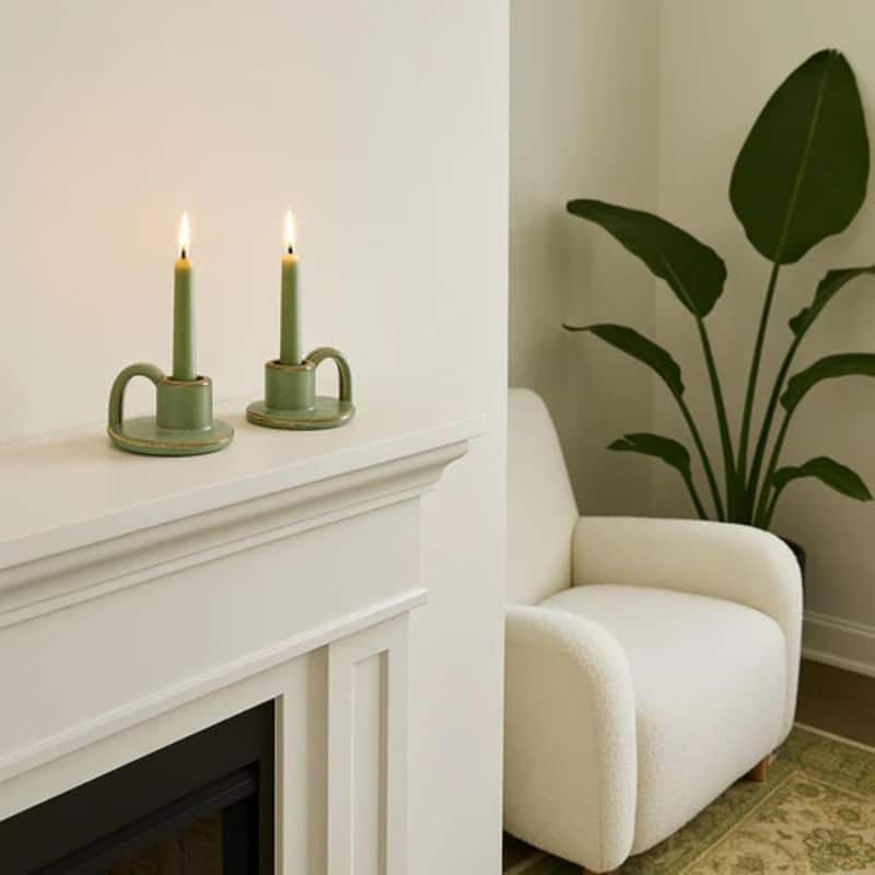 Avocado Green Set of Two Elise Short Ceramic Candlesticks by Aria Home