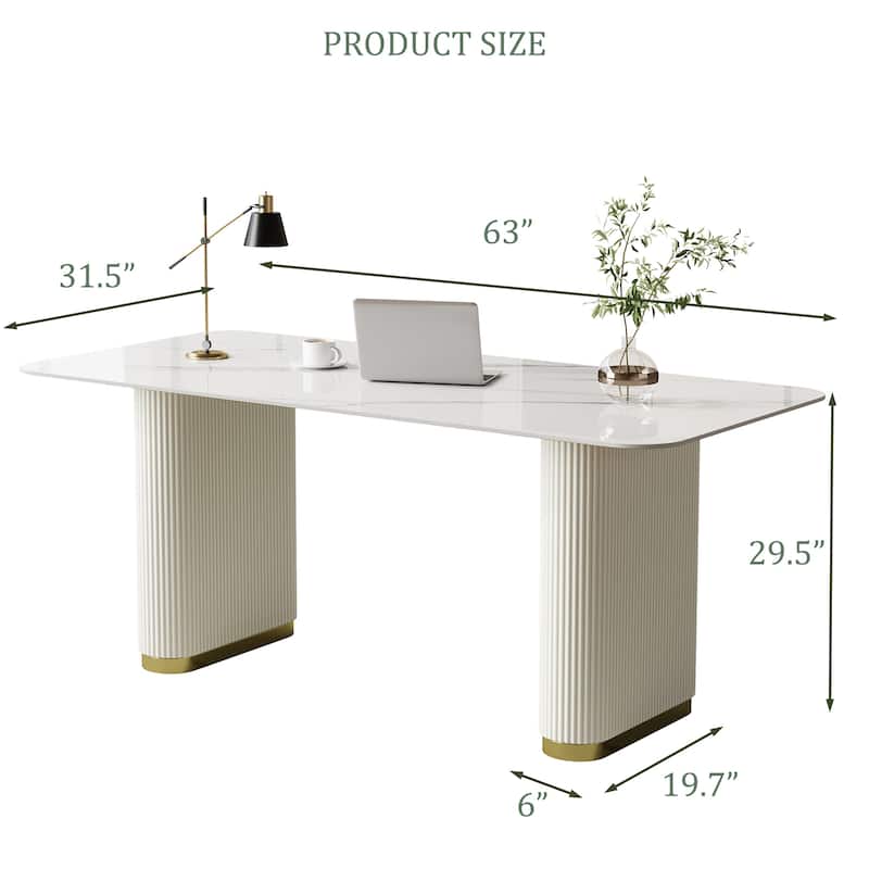 63" Modern White Writing Table, Retacgular Desk With Glossy Sintered Stone Table Top, Double Roman Column Legs