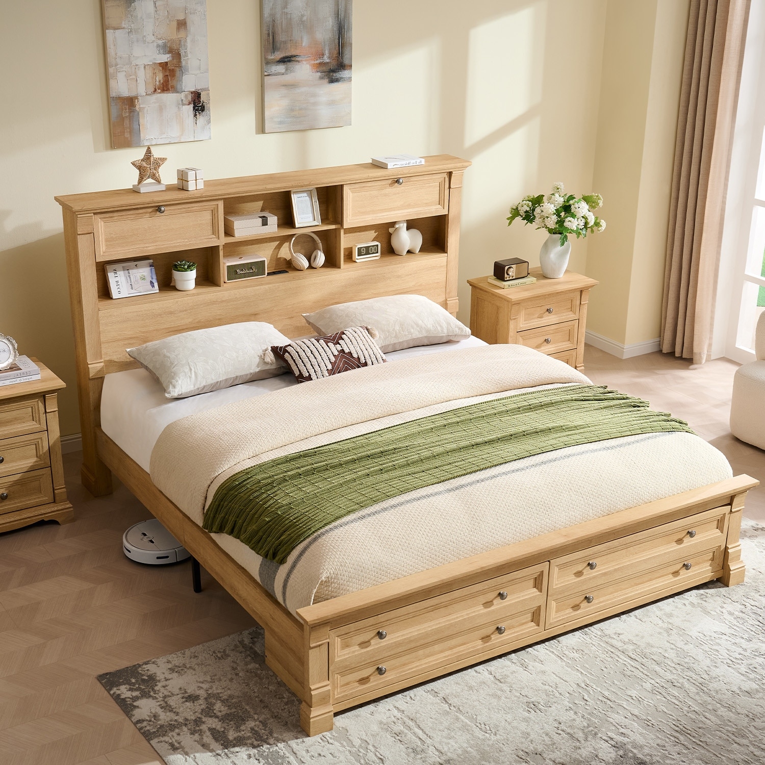 Farmhouse Bed Frame with 54" Tall Storage Bookcase Headboard