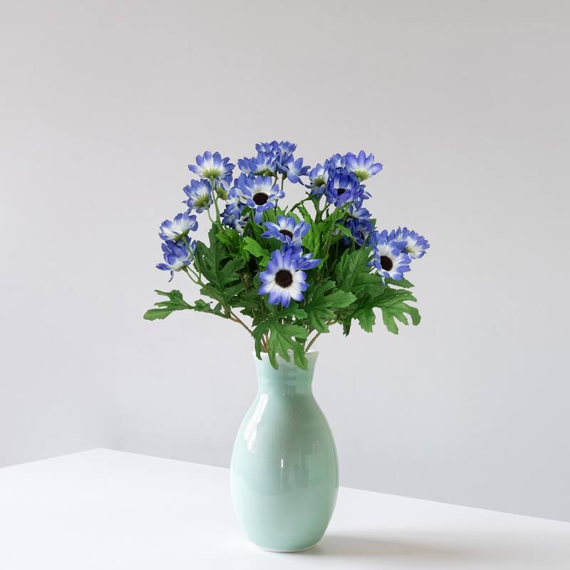 Cineraria Daisies Artificial Floral Spray- 15" - Blue