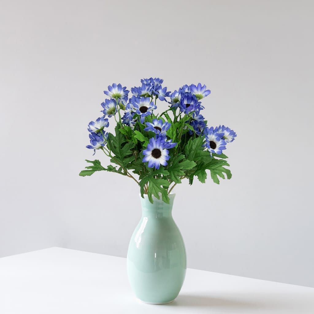 Cineraria Daisies Artificial Floral Spray- 15" - Blue