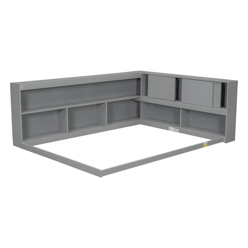 Full Size Wood Floor Bed with L Shape Bookcases,Without Slats