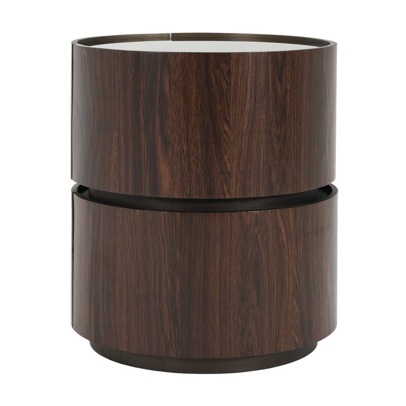 MDF Italian High-Grade Double-Layer Storage Round Side Table, Brown And Black Color