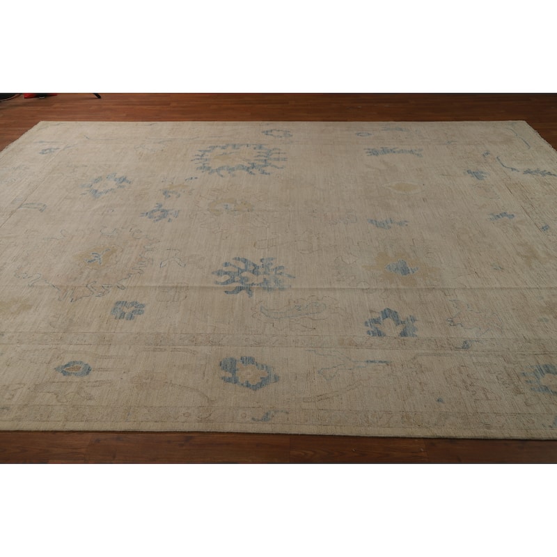 Hand Knotted Oriental 100% Wool Carpet Transitional All-Over Beige & Ivories Oushak Area Rug - 12' 0'' X 9' 0''