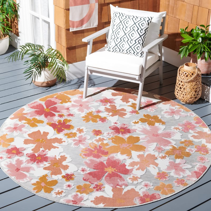SAFAVIEH Cabana Evtimiya Indoor/ Outdoor Waterproof Transitional Rug - 6'5" Round - Grey/Rose