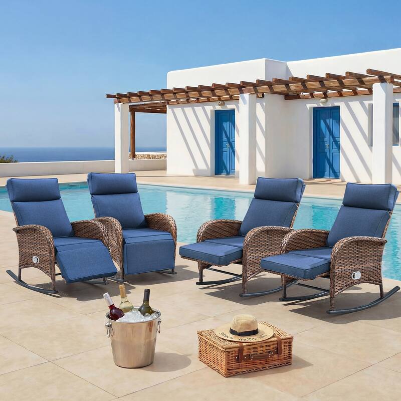 Pocassy Versatile Outdoor Recliner Rocker Chair with Side Table - Brown Wicker with Blue Cushion - 4-Piece Rocker Recliner Chair