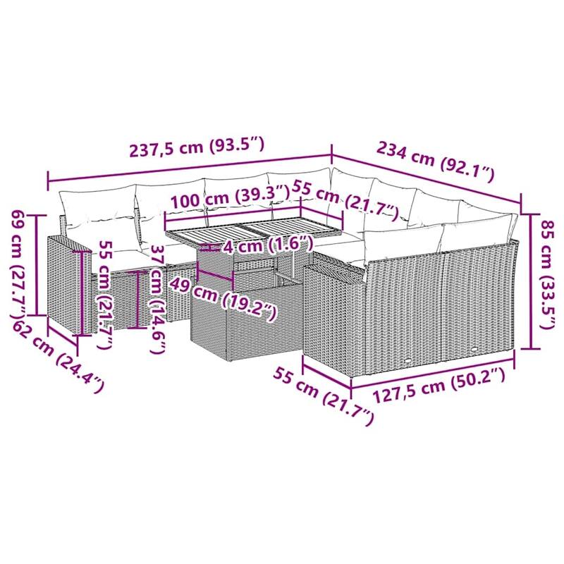 vidaXL 9 Piece Patio Sofa Set with Cushions Black Poly Rattan - 21.7 x 24.4 x 27.2