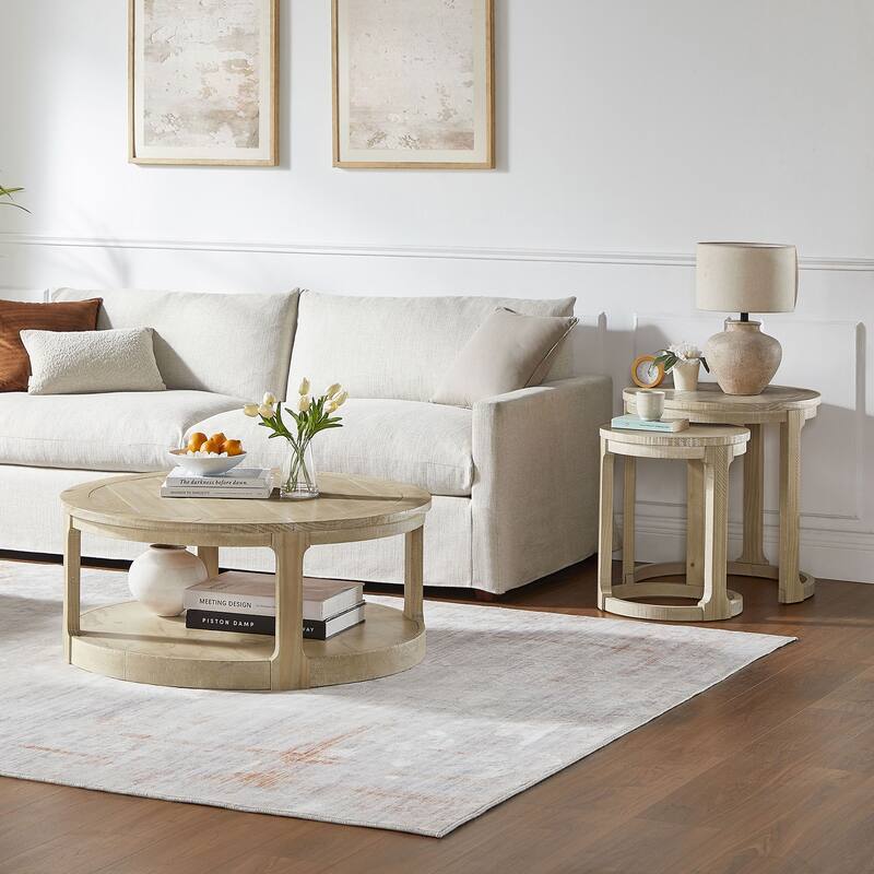 24 inch 2PCS Curved Traditional Round Circle Wooden Coffee Table Set, Mid Century Rustic Style Side Table, End Table