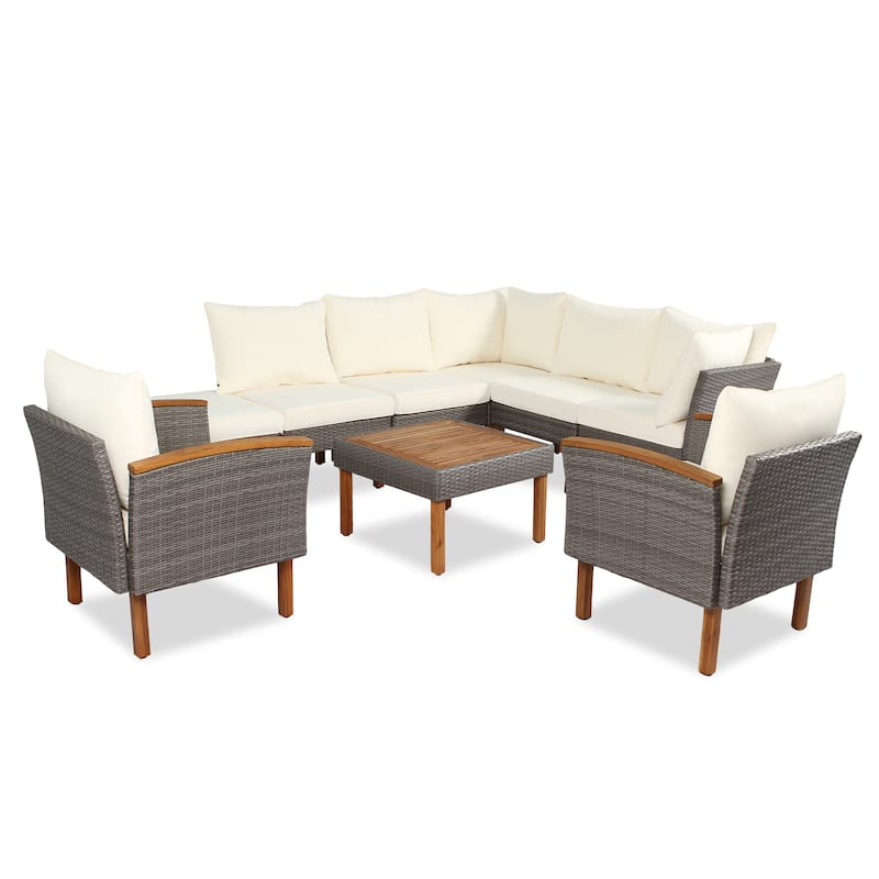 9-Piece Patio PE Rattan Sectional Sofa Set with Coffee Table,Outdoor Conversation Set With Acacia Wood Legs and Tabletop