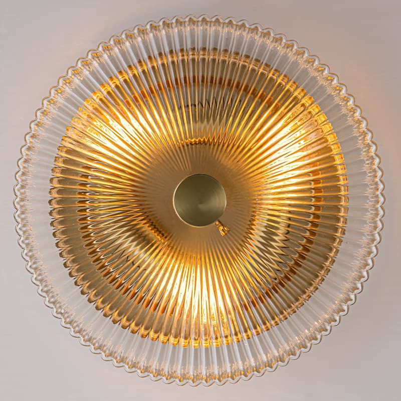 Mid-Century Modern Gold 3-Light Ribbed Glass Drum Flush Mount Ceiling Light