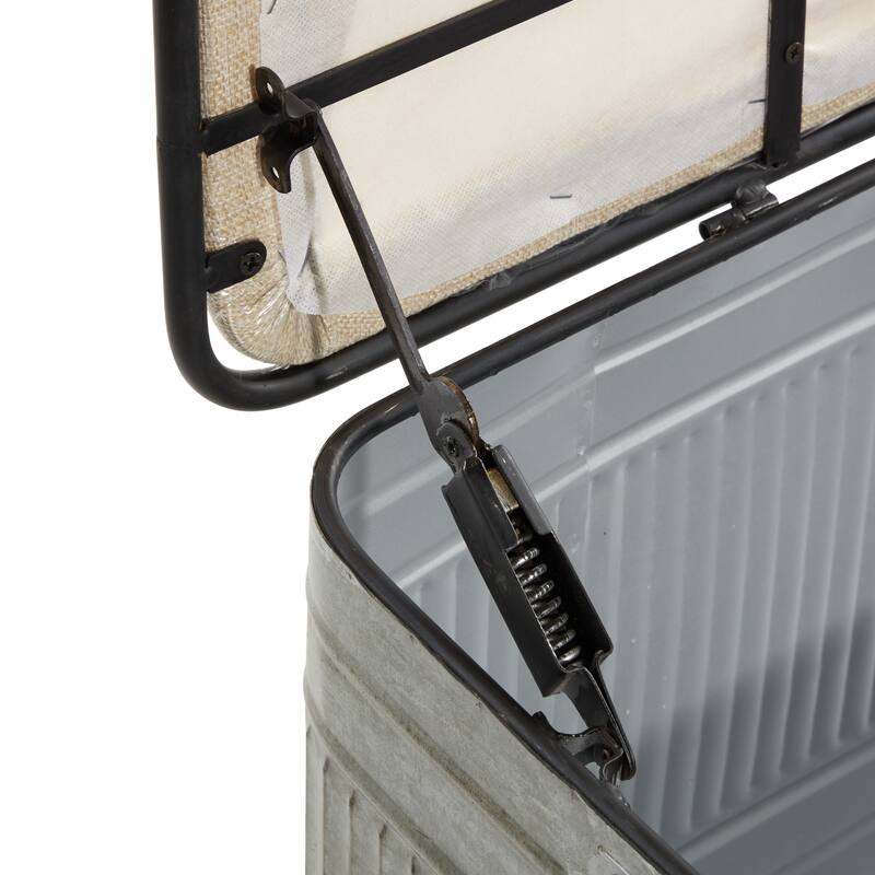 Gray Metal Galvanized Storage Bench with Cream Upholstered Burlap Top Seat - 2 Sizes