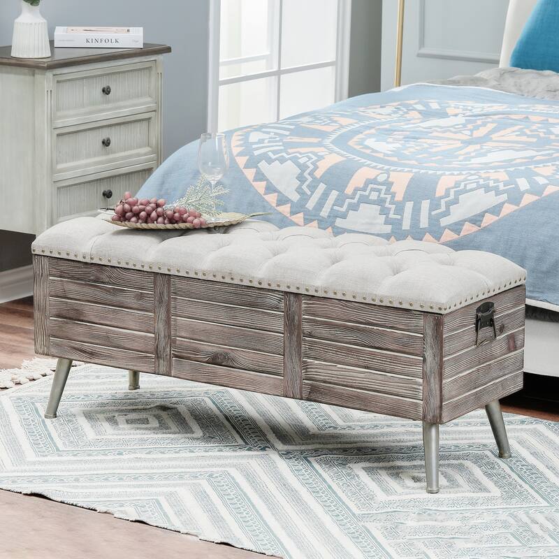 Natural Wood Upholstered Bedroom and Entryway Storage Bench - 20.25" H x 47.38" W x 15.81" W