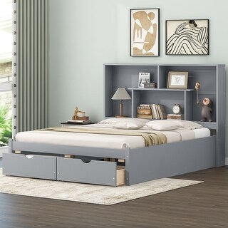 Queen Size Platform Bed with Storage Headboard and 2 Drawers