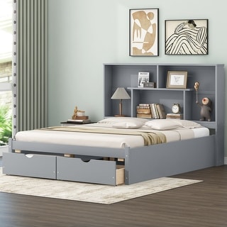 Queen Size Solid Pine Wood Platform Kids Bed Frame with Built-In Storage Shelves of the Headboard and 2-Drawers, Grey