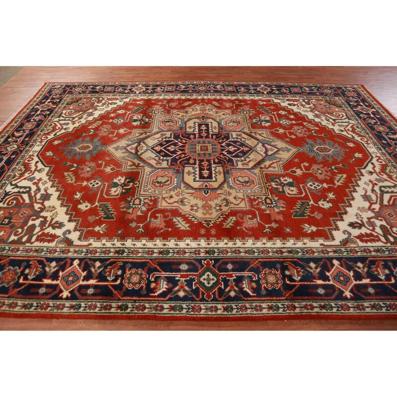 Hand Knotted Oriental 100% Wool Carpet Traditional Medallion Oranges & Rust Heriz (serapi) Area Rug - 12' 1'' X 8' 10''