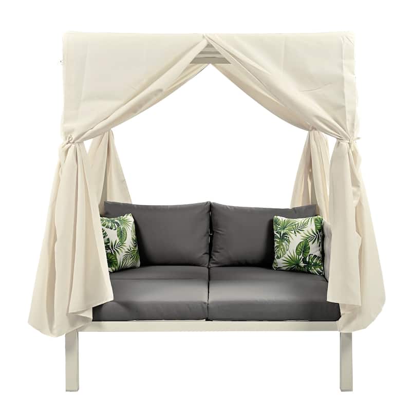 Outdoor Rattan Canopy Daybed Sunbed with Curtain & Woven Rope Arm