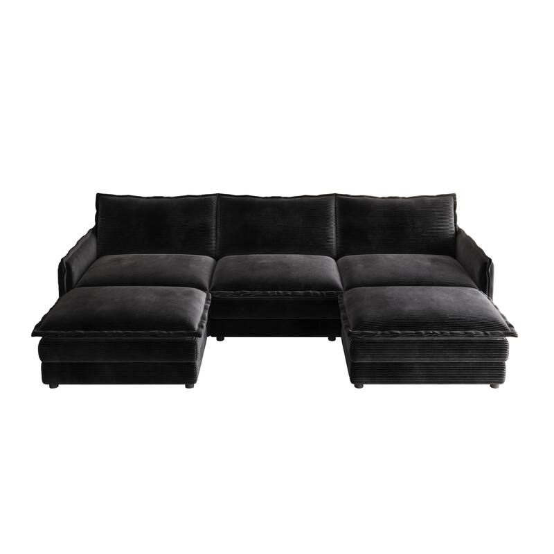 Living Room U-shaped Sectional Sofa with Chaise Corduroy Fabric Upholstered Deep Seat 3 Seater Couch with 2 Ottomans
