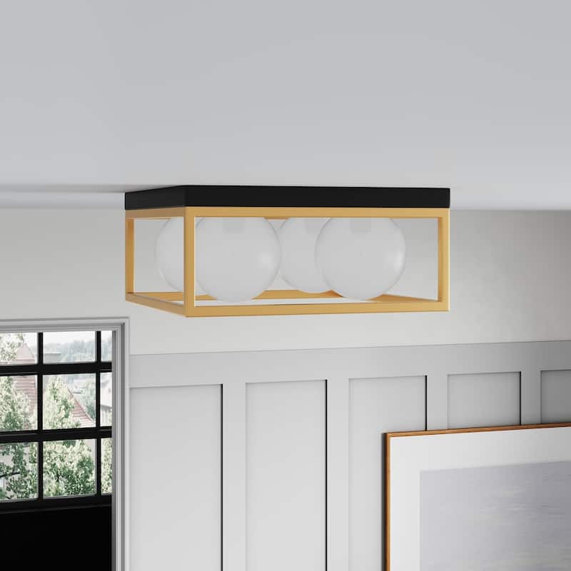 Farmhouse Black and Gold 4-Light Flush Mount Ceiling Light with Globe Frosted Glass Shades