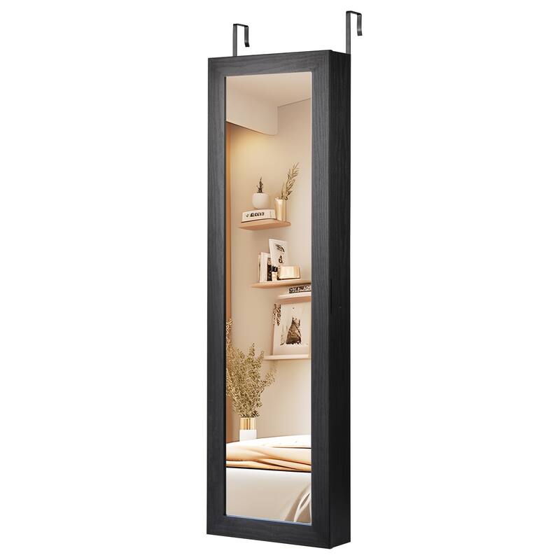 Wall Mounted or Door Hanging Jewelry Cabinet with Full Length Mirror and LED Lights - 12.5" x 3.7" x 42" - Black