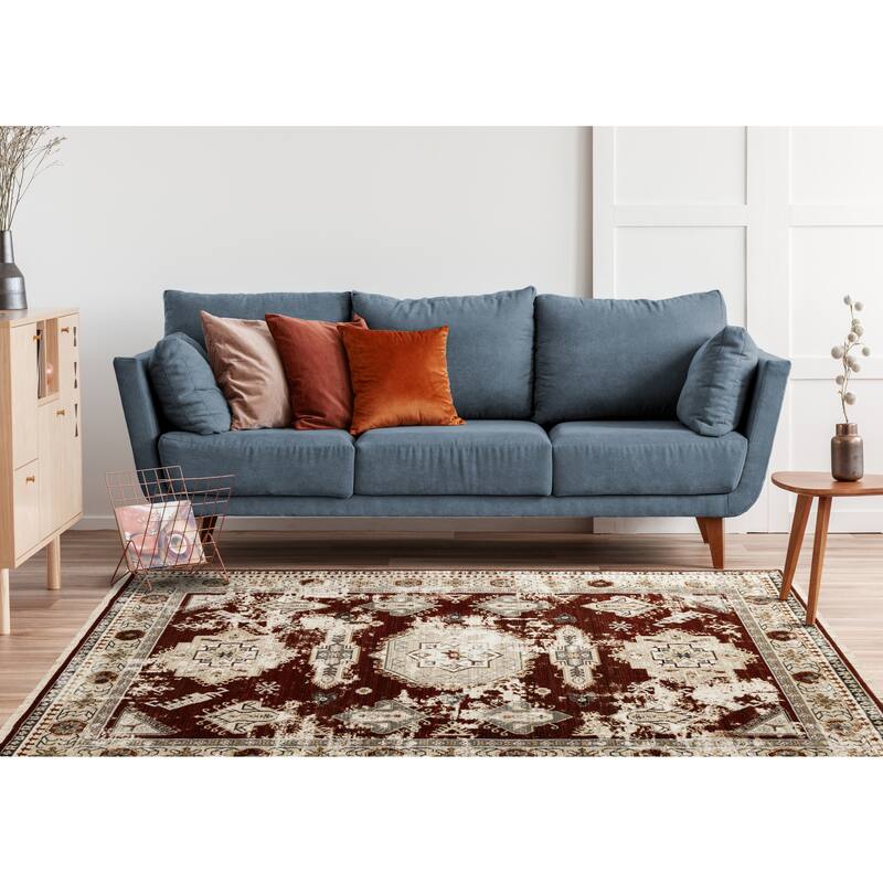 Sydney Collection - Red Cream Taupe Distressed Traditional Oriental Area Rug