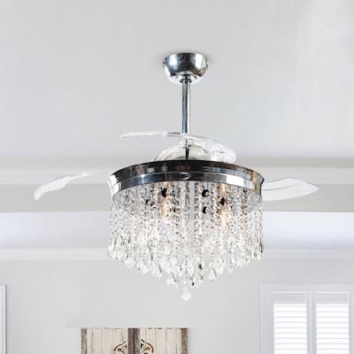 42-inch Chrome Retractable 3-Blade Crystal Chandelier Ceiling Fan with Remote and Light Kit