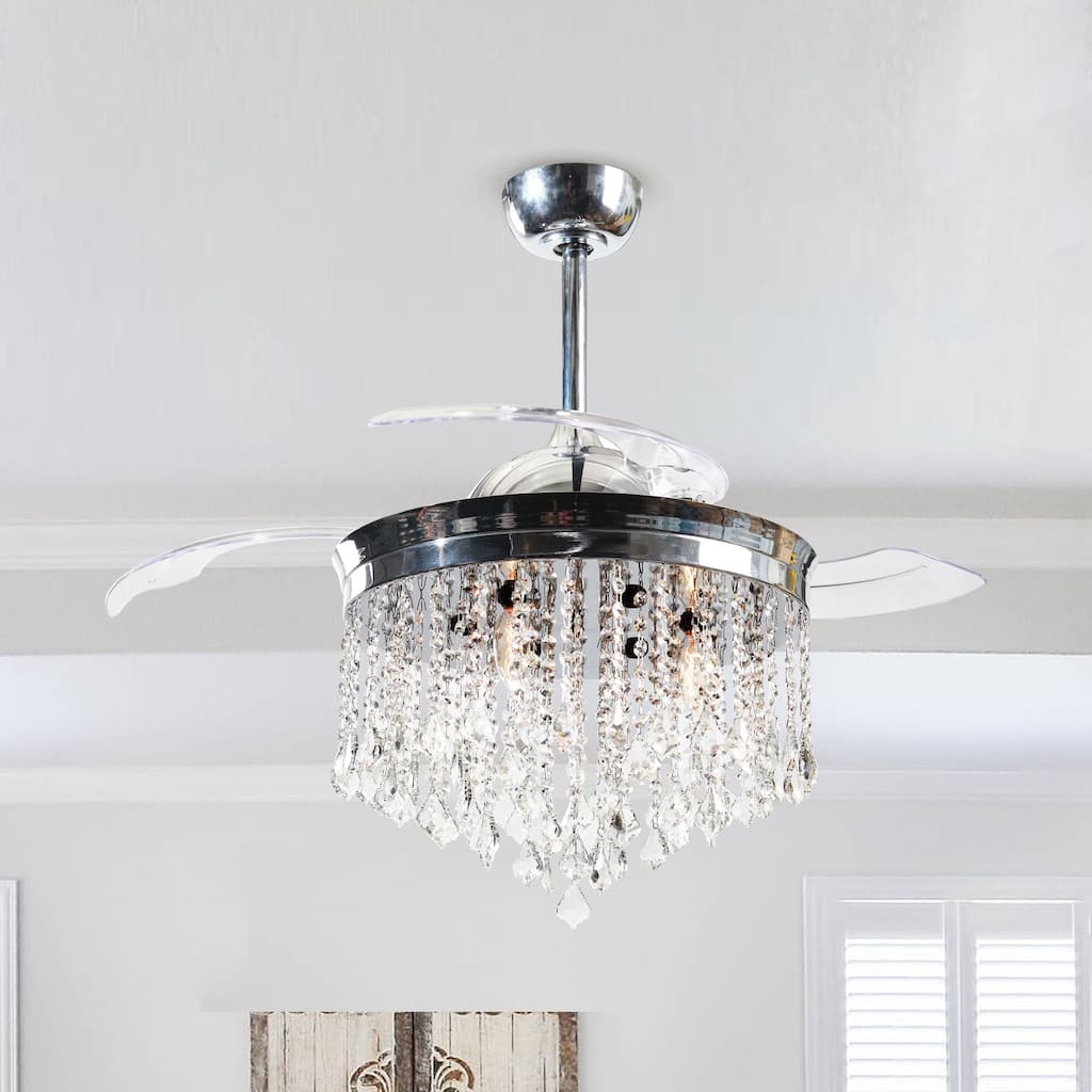 42-inch Chrome Retractable 3-Blade Crystal Chandelier Ceiling Fan with Remote and Light Kit