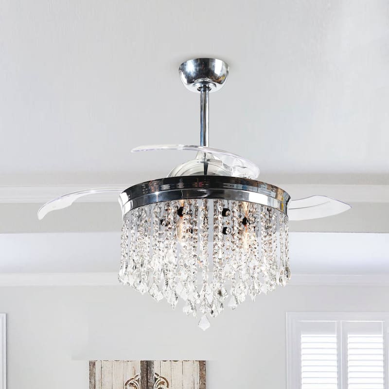 42-in Modern Chrome Retractable Blades Ceiling Fan with Light and Remote Control - 42.0 In. W X 21.9 In. H X 42.0 In. D - Chrome - Remote