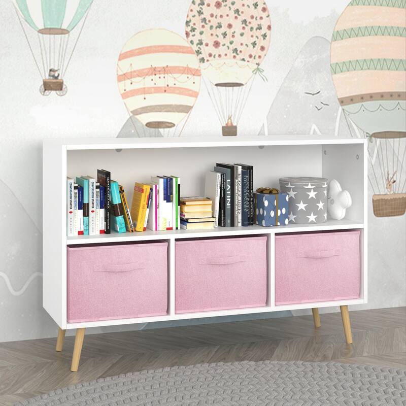 Anmytek White and Pink Kids Bookcase Toy Storage Organizer Cabinet with Fabric Drawers