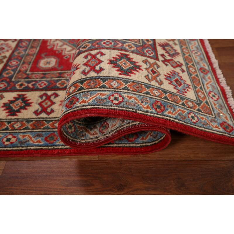 Red Geometric Kazak Oriental Rug Handmade Traditional Wool Carpet - 3'2" x 4'9"