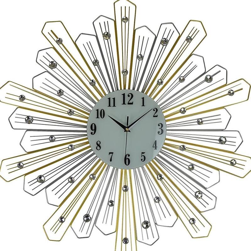 HomeRoots 27" Gold Silver And Metal And Faux Crystals Silent Analog Sunburst Wall Clock - 27.00 in. x 27.00 in. x 1.50 in.