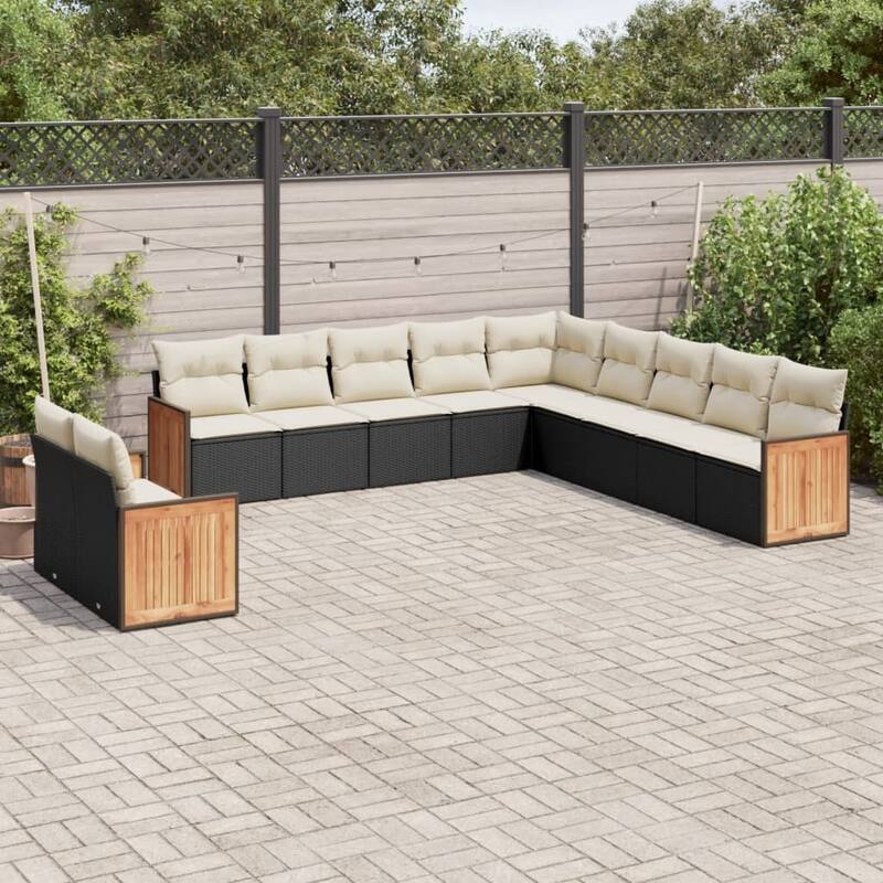 vidaXL Patio Sofa Set with Cushions Outdoor Conversation Furniture Poly Rattan - Black and cream without table - 24.4 x 24.4 x 27.2 in