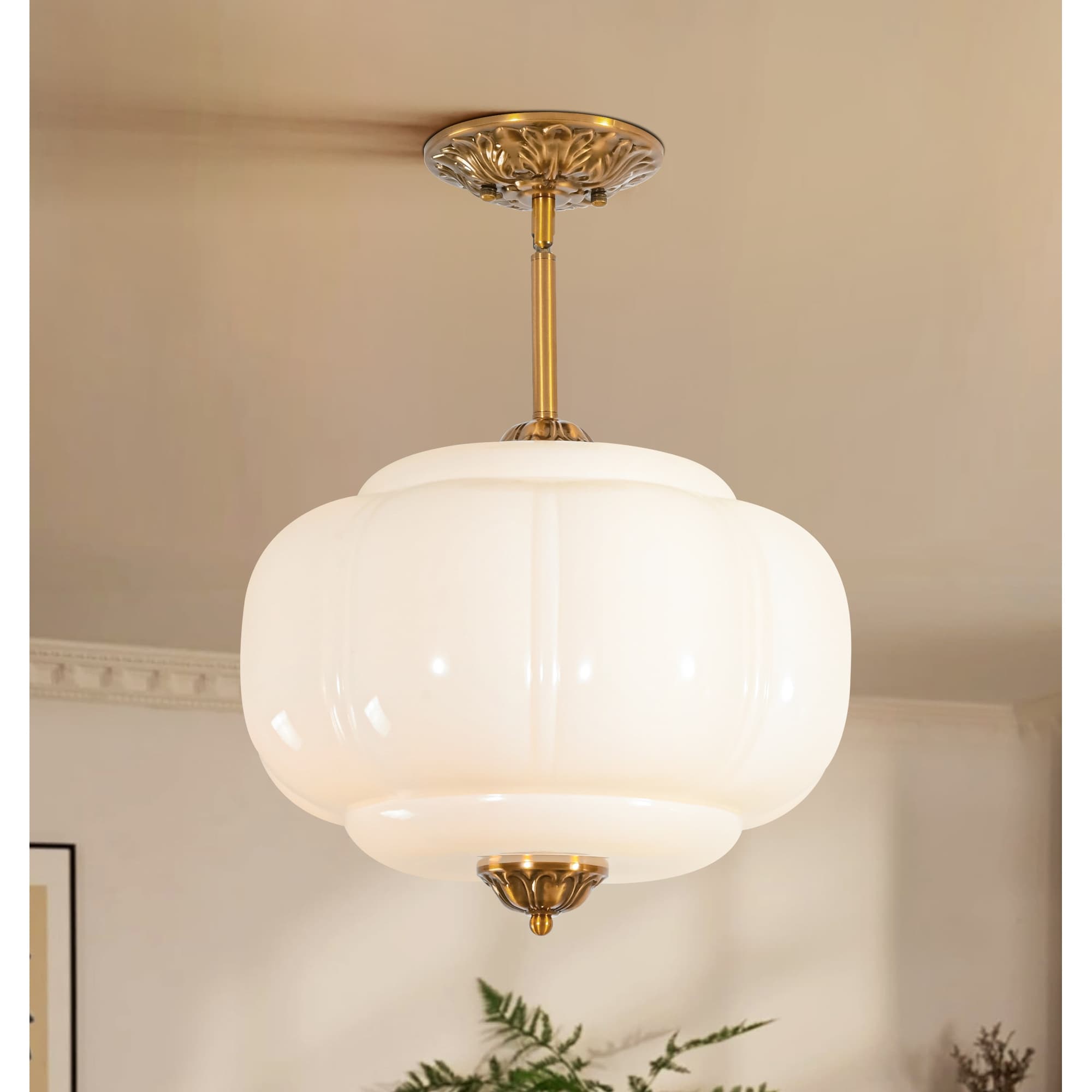 15" Vintage French Style Milk/Green Pumpkin-Shaped Glass Semi-Flush Mount Pedant Light in Antique Aged Brass Finish