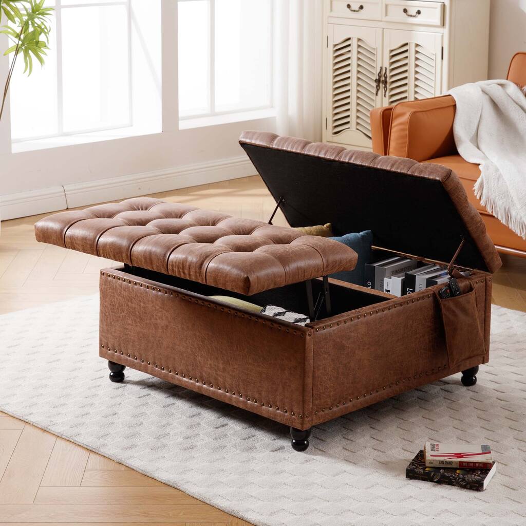 Large Storage Ottoman Bench with Sturdy Solid Wood Frame and Durable Wood Legs