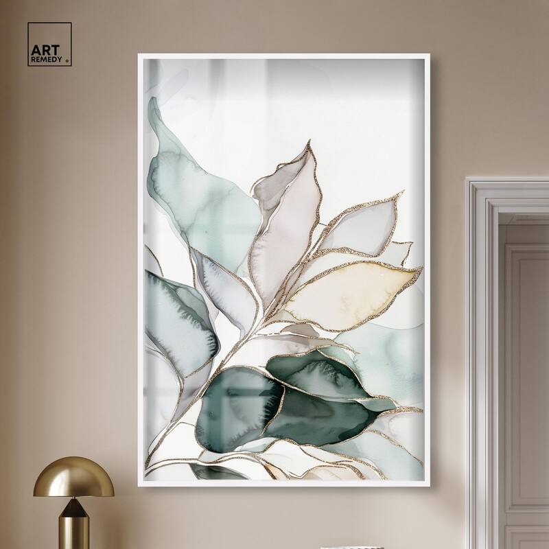 Pastel Leaves with Gold I Shadowbox by Art Remedy
