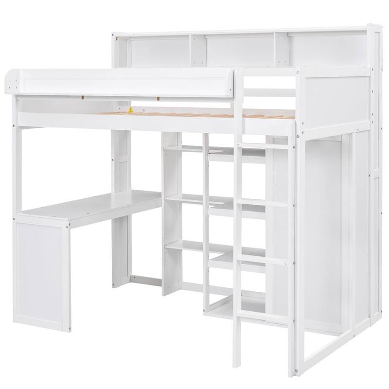 Wooden Twin Size Loft bed with Multiple Storage Shelves and Wardrobe