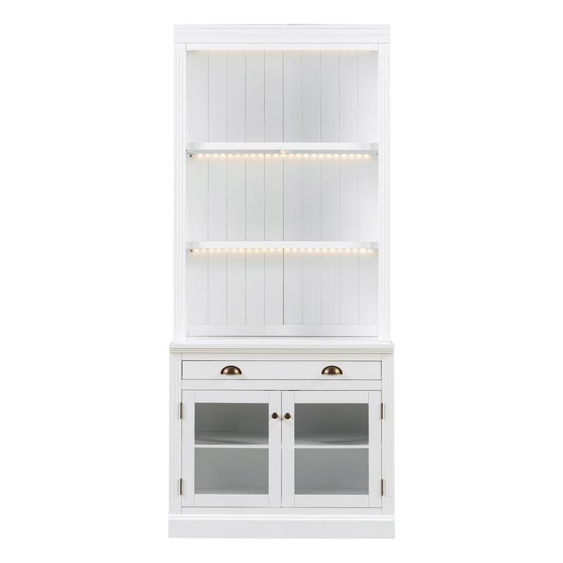 83.4" Tall Bookshelf with LED Lights, 2 Glass Doors & 1 Drawer for Living Room, Home Office