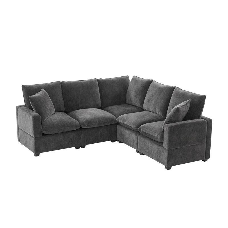 Livingroom Corner Sofa Sets, 84*84" Modern L Shape Chenille Sectional Couch Set w/ 2 Pillows, 5 Seat Modular Sleeper Sofa Set