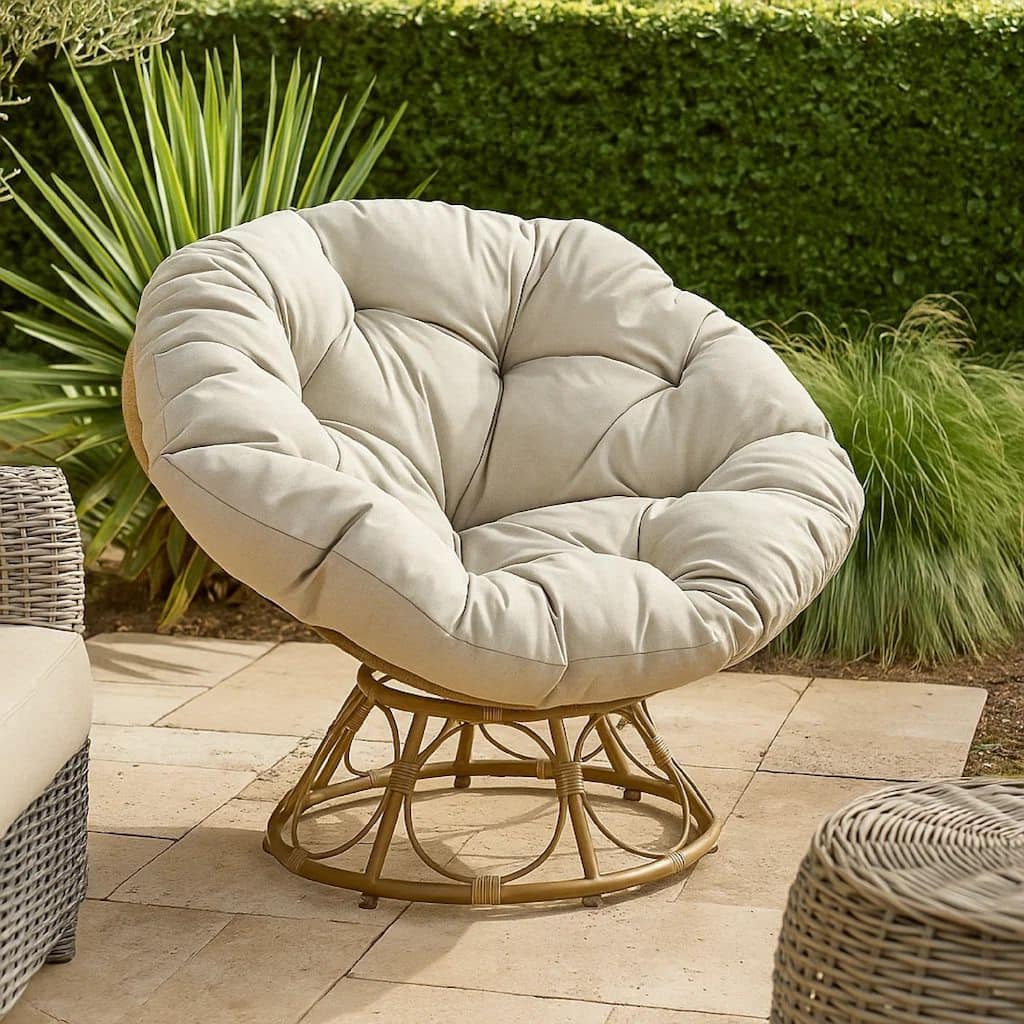 Leos Swivel Outdoor Chair, Soft Gray Polyester Cushion, Brown Rattan