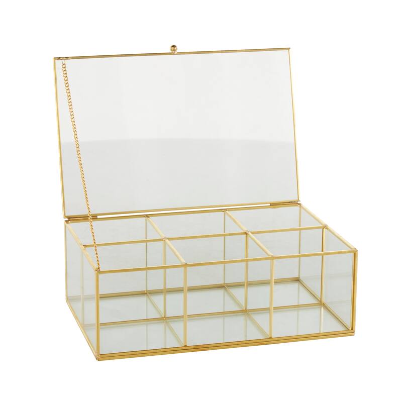 Clear Glass 3 or 6 Slot Jewelry Box with Gold Metal Frame and Chain Accent