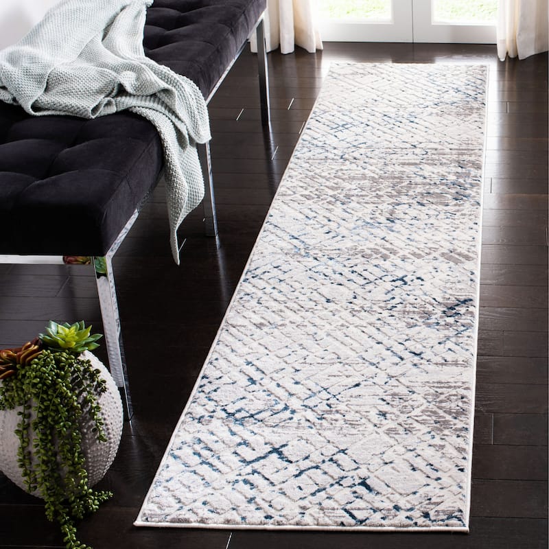 SAFAVIEH Amalfi Tieke Contemporary Abstract Rug - 2' x 8' Runner - Cream/Navy