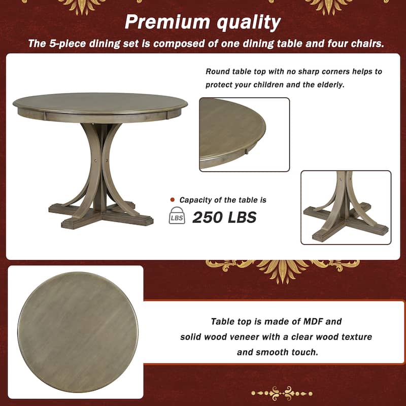 5-Piece Round Dining Table Set with Curved Trestle Style Table Legs and 4 Chairs