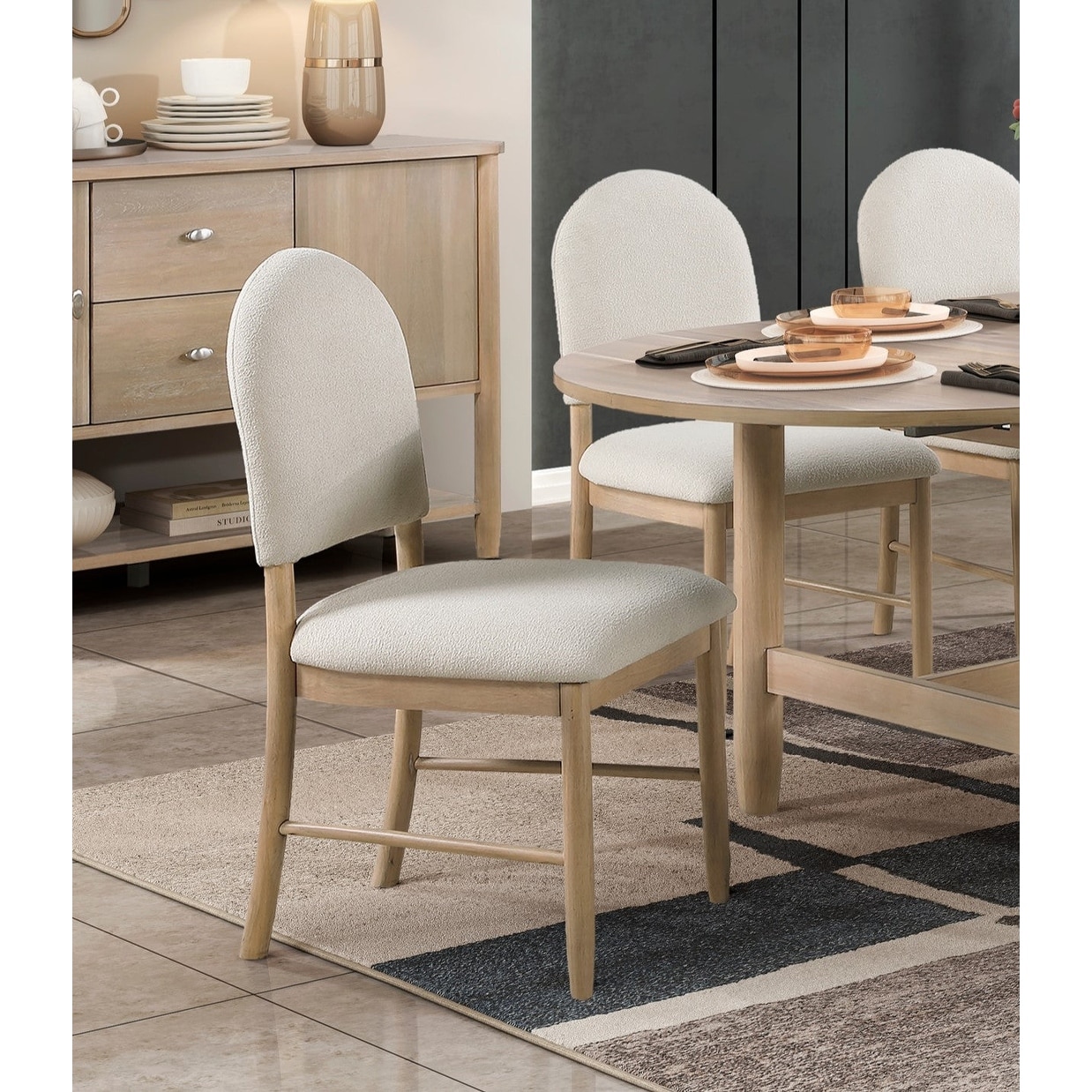 Dining Chairs Set Beige Fabric Upholstered Back Seat Cushion Rustic Elegance Solid Wood Furniture